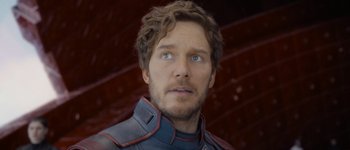 Movie still from “Guardians of the Galaxy Vol. 3” (2023), directed by James Gunn – A person wearing a jacket; Close Up shot, Over the shoulder angle