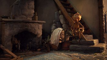 Movie still from “Guillermo del Toro's Pinocchio” (2022), directed by Guillermo del Toro – An image of an animated character; Wide shot, High angle