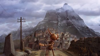 Movie still from “Guillermo del Toro's Pinocchio” (2022), directed by Guillermo del Toro – An image of an animated scene of a town; Extreme Wide shot, High angle