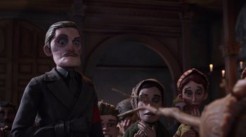 Movie still from “Guillermo del Toro's Pinocchio” (2022), directed by Guillermo del Toro – A group of people in a room with masks on; Medium shot, Over the shoulder angle