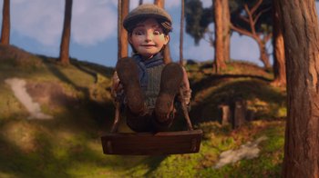 Movie still from “Guillermo del Toro's Pinocchio” (2022), directed by Guillermo del Toro – A doll is swinging on a swing in the woods; Medium shot, Low angle