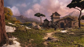 Movie still from “Guillermo del Toro's Pinocchio” (2022), directed by Guillermo del Toro – An animated scene of a house and a tree; Extreme Wide shot, Low angle