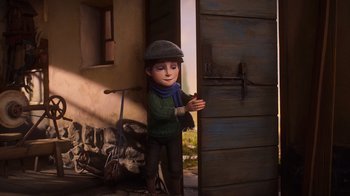 Movie still from “Guillermo del Toro's Pinocchio” (2022), directed by Guillermo del Toro – A boy is leaning against the door of a house; Medium shot, Over the shoulder angle