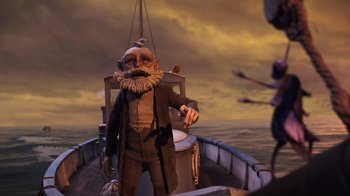 Movie still from “Guillermo del Toro's Pinocchio” (2022), directed by Guillermo del Toro – An animated character on a boat in the water; Wide shot, Low angle