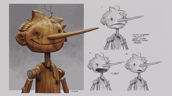 Movie still from “Guillermo del Toro's Pinocchio” (2022), directed by Guillermo del Toro – A wooden character with a long nose and a long beak; Extreme Close Up shot, High angle