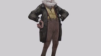 Movie still from “Guillermo del Toro's Pinocchio” (2022), directed by Guillermo del Toro – An illustration of an old man with a long beard; Medium shot, High angle