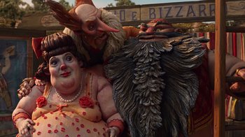 Movie still from “Guillermo del Toro's Pinocchio” (2022), directed by Guillermo del Toro – A couple of statues that are next to each other; Medium shot, Low angle