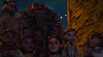Movie still from “Guillermo del Toro's Pinocchio” (2022), directed by Guillermo del Toro – A group of people standing next to each other in front of a building; Medium shot, Low angle