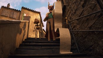 Movie still from “Guillermo del Toro's Pinocchio” (2022), directed by Guillermo del Toro – An image of an animated character on the stairs; Wide shot, Low angle