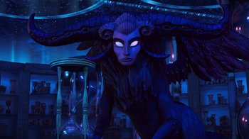 Movie still from “Guillermo del Toro's Pinocchio” (2022), directed by Guillermo del Toro – A woman with horns is standing under an awning; Medium shot, Overhead angle