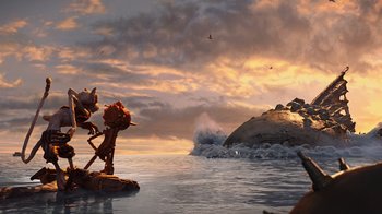 Movie still from “Guillermo del Toro's Pinocchio” (2022), directed by Guillermo del Toro – An image of an ocean scene with an island in the background; Extreme Wide shot, Low angle