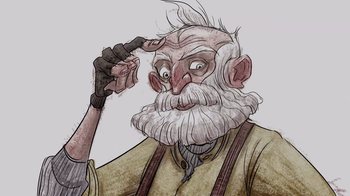 Movie still from “Guillermo del Toro's Pinocchio” (2022), directed by Guillermo del Toro – An old man with a white beard is holding his hand up; Close Up shot, Low angle