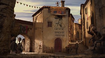 Movie still from “Guillermo del Toro's Pinocchio” (2022), directed by Guillermo del Toro – An image of an old building with a man on the side of the building; Extreme Wide shot, Low angle