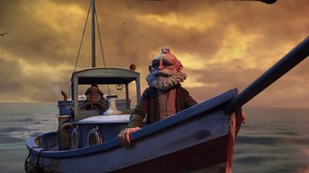Movie still from “Guillermo del Toro's Pinocchio” (2022), directed by Guillermo del Toro – A man in a boat with a beard; Wide shot, Low angle