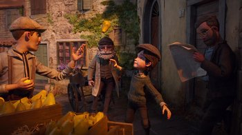 Movie still from “Guillermo del Toro's Pinocchio” (2022), directed by Guillermo del Toro – A group of people standing next to each other on a street; Wide shot, Low angle