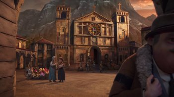 Movie still from “Guillermo del Toro's Pinocchio” (2022), directed by Guillermo del Toro – A painting of two women standing in front of a church; Extreme Wide shot, High angle