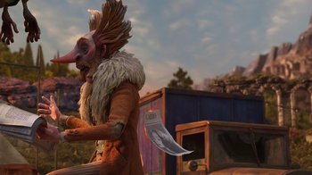 Movie still from “Guillermo del Toro's Pinocchio” (2022), directed by Guillermo del Toro – An image of an animated character with a newspaper in his hand; Medium shot, Low angle