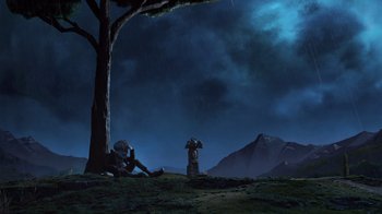 Movie still from “Guillermo del Toro's Pinocchio” (2022), directed by Guillermo del Toro – Two people sitting under a tree under a cloudy sky; Extreme Wide shot, Low angle