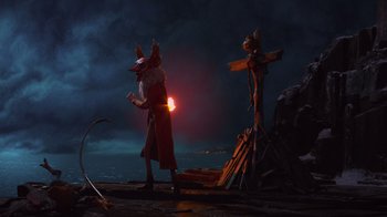 Movie still from “Guillermo del Toro's Pinocchio” (2022), directed by Guillermo del Toro – A man that is holding a light in his hand; Wide shot, High angle