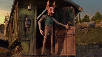 Movie still from “Guillermo del Toro's Pinocchio” (2022), directed by Guillermo del Toro – A man with a strange face standing in front of a door way; Medium shot, Low angle