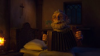 Movie still from “Guillermo del Toro's Pinocchio” (2022), directed by Guillermo del Toro – A man that is playing an accordion in a room; Medium shot, Low angle