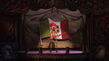 Movie still from “Guillermo del Toro's Pinocchio” (2022), directed by Guillermo del Toro – A person in a costume on a stage with an italian flag; Wide shot, Low angle