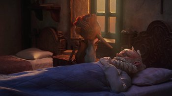 Movie still from “Guillermo del Toro's Pinocchio” (2022), directed by Guillermo del Toro – A woman laying in bed next to a window; Wide shot, High angle