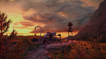 Movie still from “Guillermo del Toro's Pinocchio” (2022), directed by Guillermo del Toro – A group of people standing on top of a dirt hill; Extreme Wide shot, Low angle