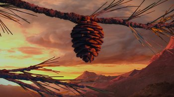 Movie still from “Guillermo del Toro's Pinocchio” (2022), directed by Guillermo del Toro – A pine cone hanging from a branch of a tree; Extreme Wide shot, Low angle