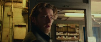 Movie still from “Halloween” (2018), directed by David Gordon Green – A person wearing a jacket; Close Up shot, Low angle