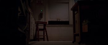 Movie still from “Halloween H20: 20 Years Later” (1998), directed by Steve Miner – A wooden stool in the middle of a room; Wide shot, High angle