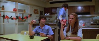Movie still from “Halloween II” (1981), directed by Rick Rosenthal – A man and a woman sitting at a table; Medium shot, Low angle