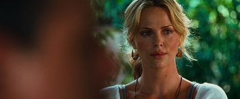 Movie still from “Hancock” (2008), directed by Peter Berg – Charlize theron in a scene from the movie young adult; Close Up shot, Over the shoulder angle