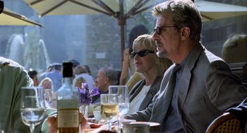 Movie still from “Hannibal” (2001), directed by Ridley Scott – A man and a woman sitting at a table with wine glasses; Medium shot, Over the shoulder angle