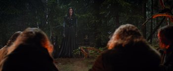 Movie still from “Hansel & Gretel: Witch Hunters” (2013), directed by Tommy Wirkola – A woman standing in the woods next to two dogs; Wide shot, Over the shoulder angle