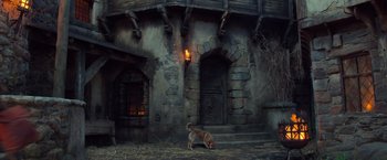 Movie still from “Hansel & Gretel: Witch Hunters” (2013), directed by Tommy Wirkola – A cat standing in front of a stone building; Wide shot, Low angle