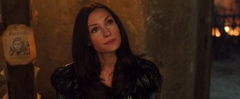 Movie still from “Hansel & Gretel: Witch Hunters” (2013), directed by Tommy Wirkola – A woman with long black hair wearing a black jacket; Close Up shot, Over the shoulder angle