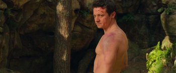 Movie still from “Hansel & Gretel: Witch Hunters” (2013), directed by Tommy Wirkola – A shirtless man with blood all over his body; Medium shot, Over the shoulder angle