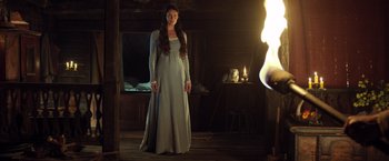 Movie still from “Hansel & Gretel: Witch Hunters” (2013), directed by Tommy Wirkola – A woman in a long dress standing in front of a window; Wide shot, Low angle