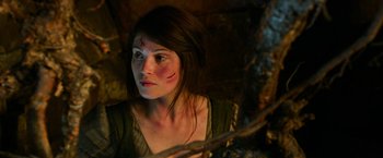 Movie still from “Hansel & Gretel: Witch Hunters” (2013), directed by Tommy Wirkola – A woman with a scar on her face looking at the camera; Close Up shot, High angle