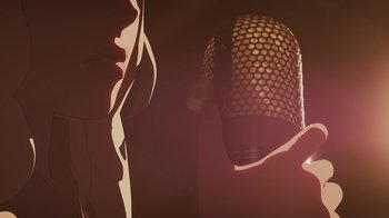 Movie still from “Happier Than Ever: A Love Letter to Los Angeles” (2021), directed by Patrick Osborne – A microphone on a stage; Extreme Close Up shot, Low angle