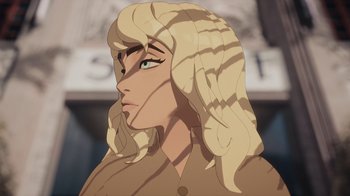 Movie still from “Happier Than Ever: A Love Letter to Los Angeles” (2021), directed by Patrick Osborne – A woman with blonde hair is looking to her left; Close Up shot, Low angle