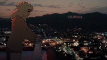 Movie still from “Happier Than Ever: A Love Letter to Los Angeles” (2021), directed by Patrick Osborne – A woman sitting on top of a building at night; Medium shot, Low angle