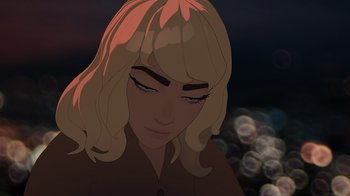 Movie still from “Happier Than Ever: A Love Letter to Los Angeles” (2021), directed by Patrick Osborne – A woman's face in a cartoon style; Extreme Close Up shot, Over the shoulder angle