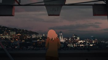 Movie still from “Happier Than Ever: A Love Letter to Los Angeles” (2021), directed by Patrick Osborne – A woman standing in front of a city skyline at night; Extreme Wide shot, Low angle