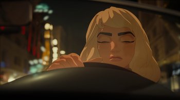 Movie still from “Happier Than Ever: A Love Letter to Los Angeles” (2021), directed by Patrick Osborne – A woman with long blonde hair sitting in a car; Close Up shot, Over the shoulder angle