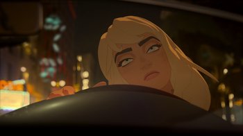 Movie still from “Happier Than Ever: A Love Letter to Los Angeles” (2021), directed by Patrick Osborne – A woman's face as she drives a car; Close Up shot, Over the shoulder angle