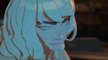 Movie still from “Happier Than Ever: A Love Letter to Los Angeles” (2021), directed by Patrick Osborne – An illustration of a woman with blue eyes; Extreme Close Up shot, Low angle