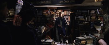 Movie still from “Harry Potter and the Chamber of Secrets” (2002), directed by Chris Columbus – A man standing in front of a book shelf; Wide shot, High angle