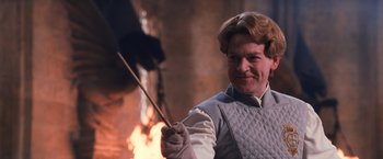 Movie still from “Harry Potter and the Chamber of Secrets” (2002), directed by Chris Columbus – A man holding a stick in front of a fire; Close Up shot, Low angle